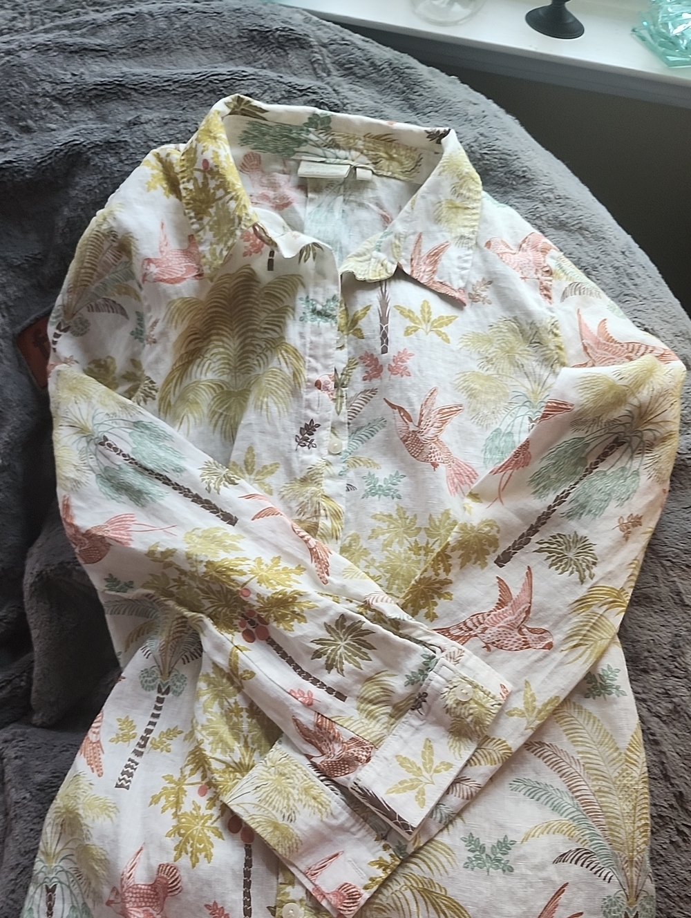 Tropical Print Button-Up Shirt — Multicolor Palm & Bird Pattern
